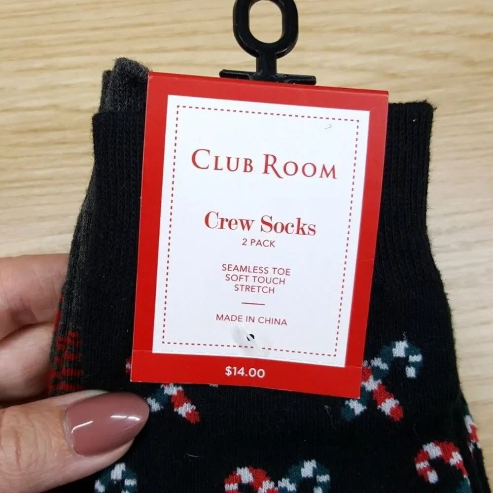 CLUB ROOM Crew Socks Mens Black Gray 2-Pack Candy Cane Stripe Soft Stretch